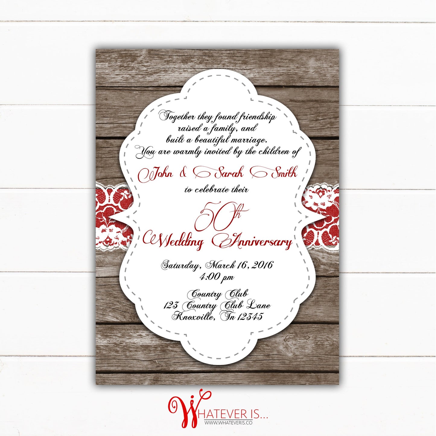 Rustic 50th Anniversary Invitation | Wood and Lace Anniversary Invitation | Red and Rustic Anniversary | 50th Anniversary | Golden | Printed