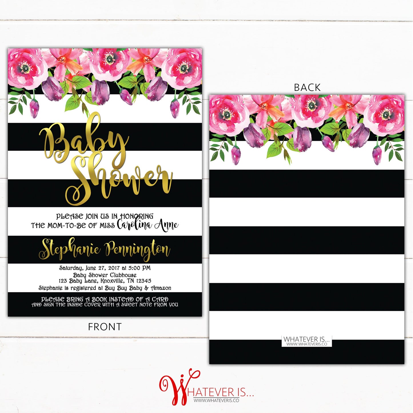 Floral Black and White Baby Shower Invitation | Black and White Baby Shower | Black and White Stripes | Floral Baby Shower | Printed | DIY