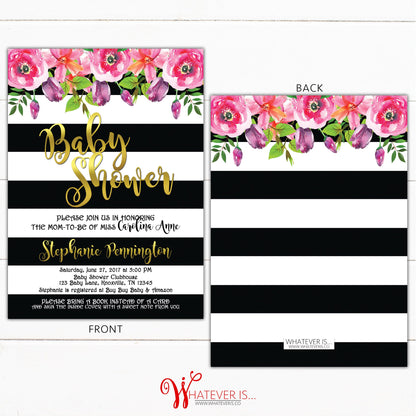 Floral Black and White Baby Shower Invitation | Black and White Baby Shower | Black and White Stripes | Floral Baby Shower | Printed | DIY