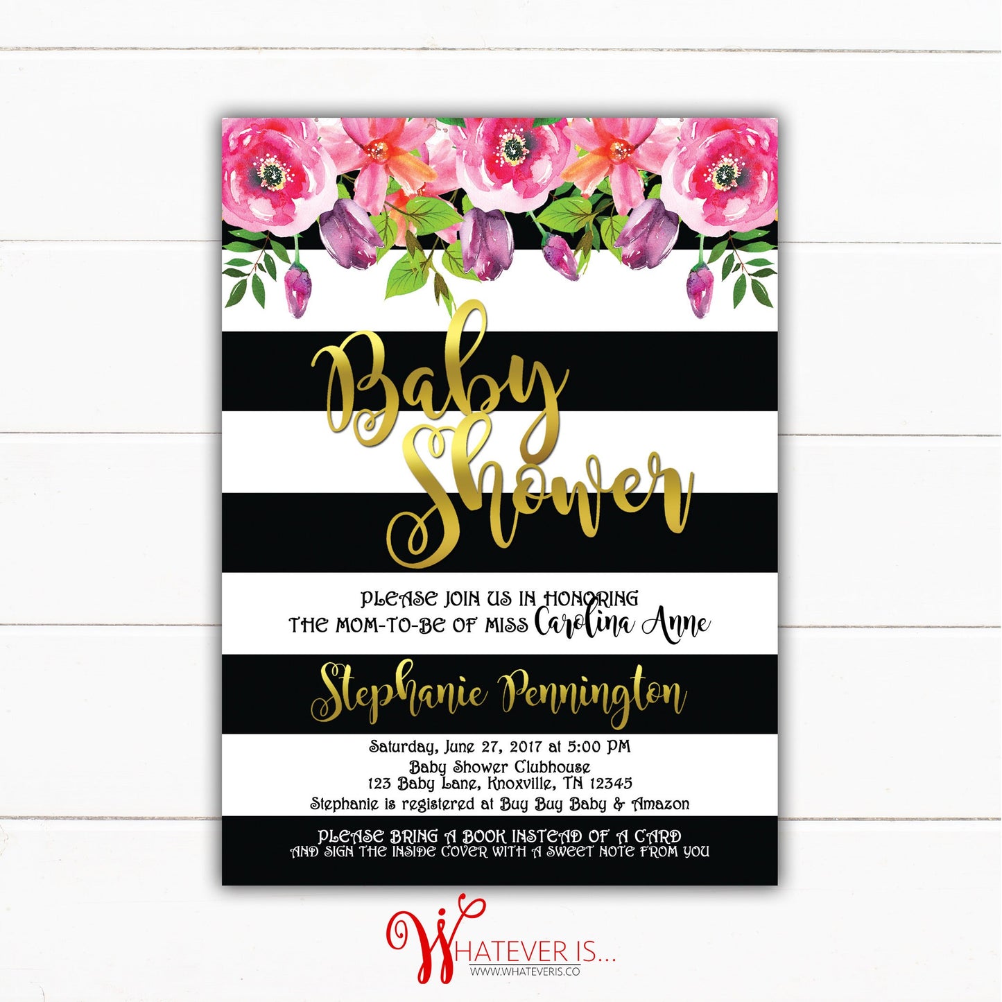 Floral Black and White Baby Shower Invitation | Black and White Baby Shower | Black and White Stripes | Floral Baby Shower | Printed | DIY
