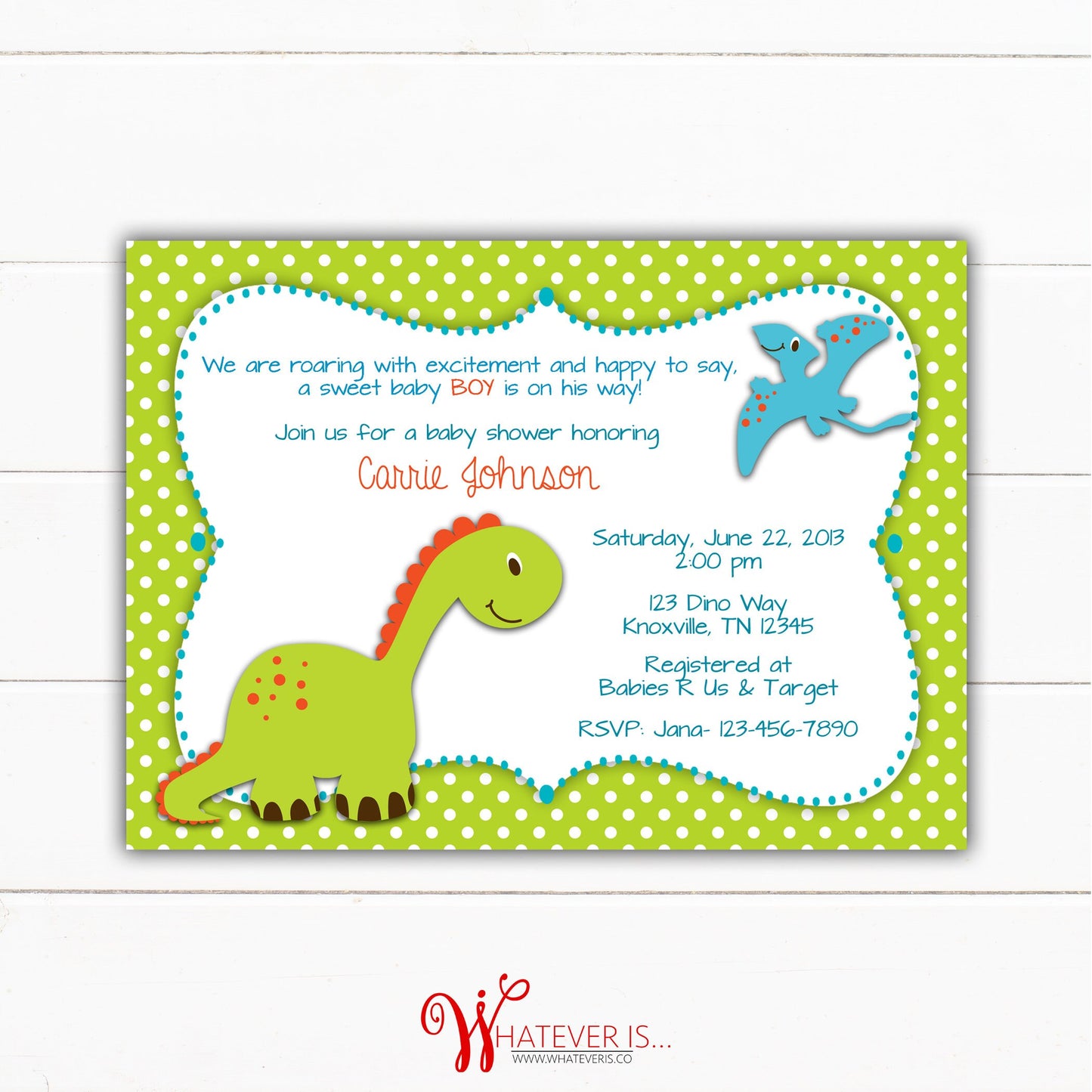 Green Baby Boy Dinosaur Baby Shower Invitation