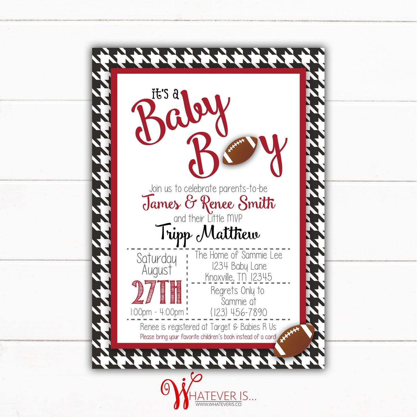 Houndstooth and Crimson Sports Baby Shower Invitation | Football Baby Shower | Alabama Baby | Crimson Baby Shower | Baby Shower Invitations