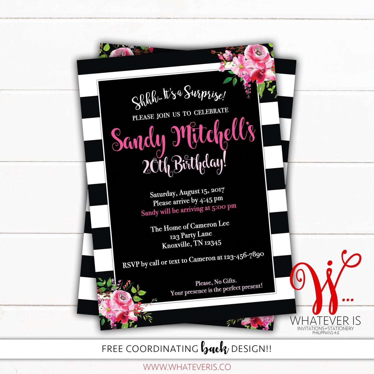 Black White and Pink Birthday Invitation