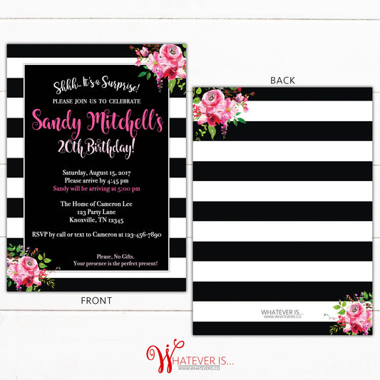 Black White and Pink Birthday Invitation