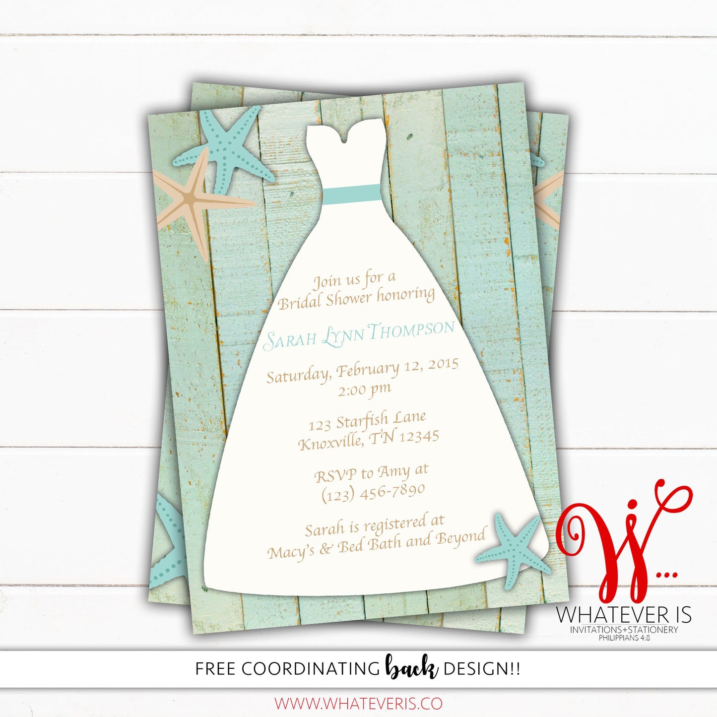 Starfish Wedding Dress Bridal Shower Invitation | Beach Bridal Shower | Nautical Bridal Shower | Starfish Wedding Shower | Beach Wood