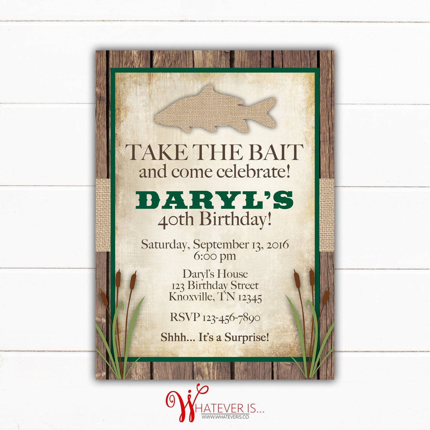 Burlap and Fishing Birthday Invitation