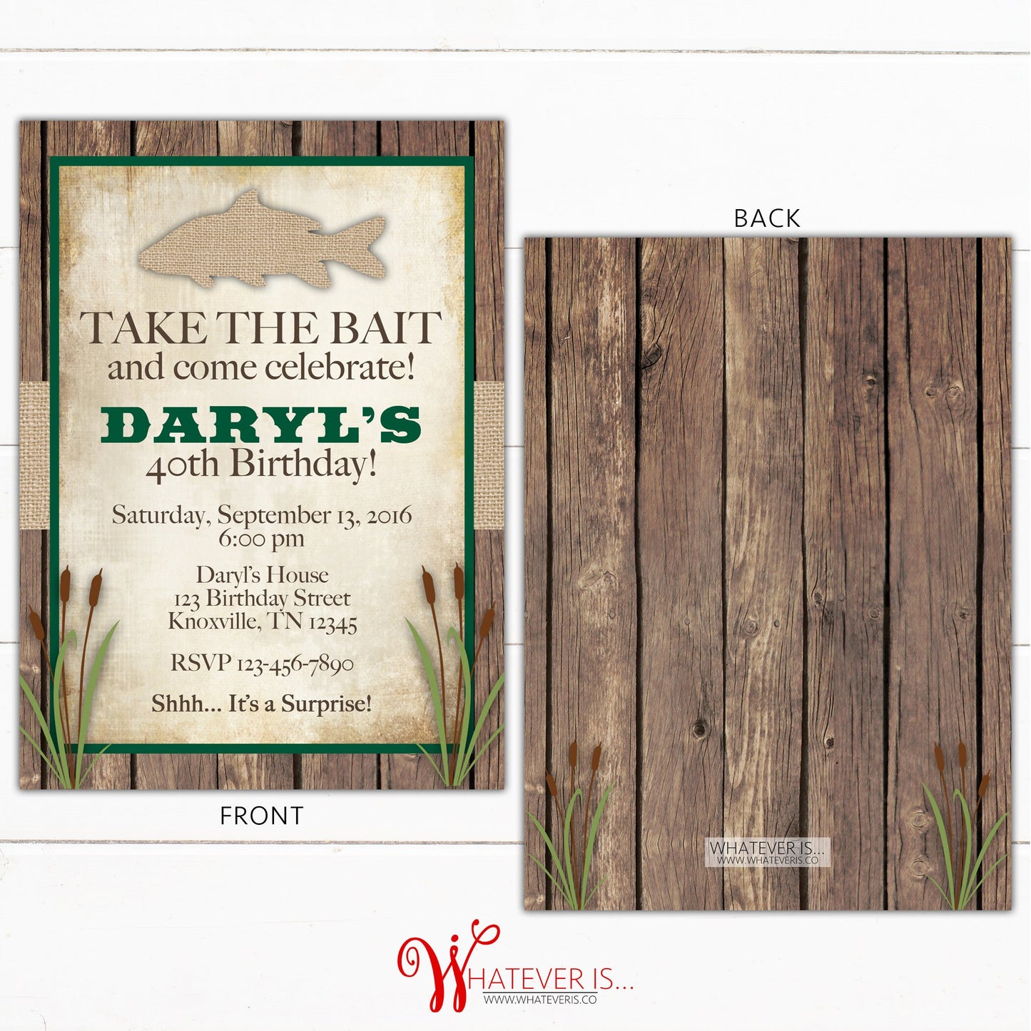 Burlap and Fishing Birthday Invitation