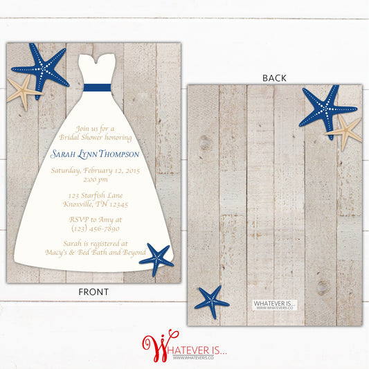Navy Starfish Wedding Dress Bridal Shower Invitation | Navy Beach Bridal Shower | Nautical Bridal Shower | Starfish Themed Wedding | Printed
