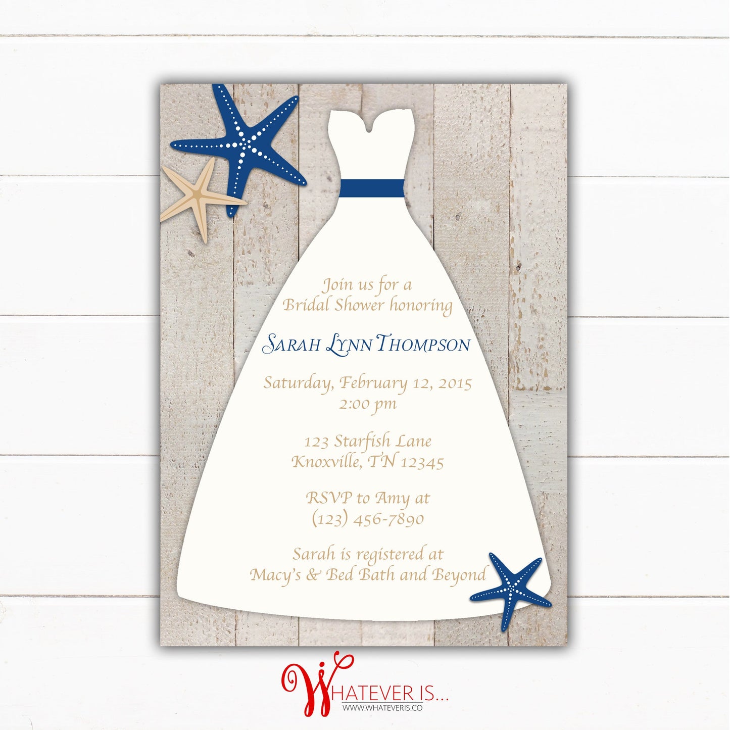 Navy Starfish Wedding Dress Bridal Shower Invitation | Navy Beach Bridal Shower | Nautical Bridal Shower | Starfish Themed Wedding | Printed