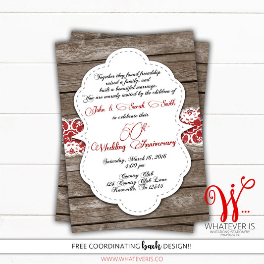 Rustic 50th Anniversary Invitation | Wood and Lace Anniversary Invitation | Red and Rustic Anniversary | 50th Anniversary | Golden | Printed