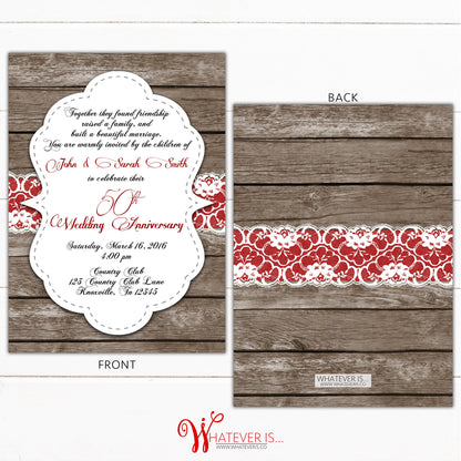 Rustic 50th Anniversary Invitation | Wood and Lace Anniversary Invitation | Red and Rustic Anniversary | 50th Anniversary | Golden | Printed
