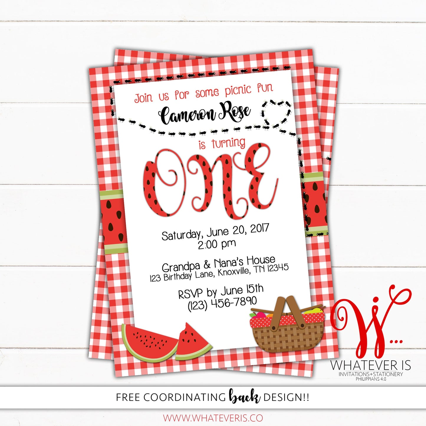 Watermelon Picnic Birthday Printable Invitation | Picnic Birthday Party Invitation | Watermelon Birthday Party Invitation | Ants Birthday