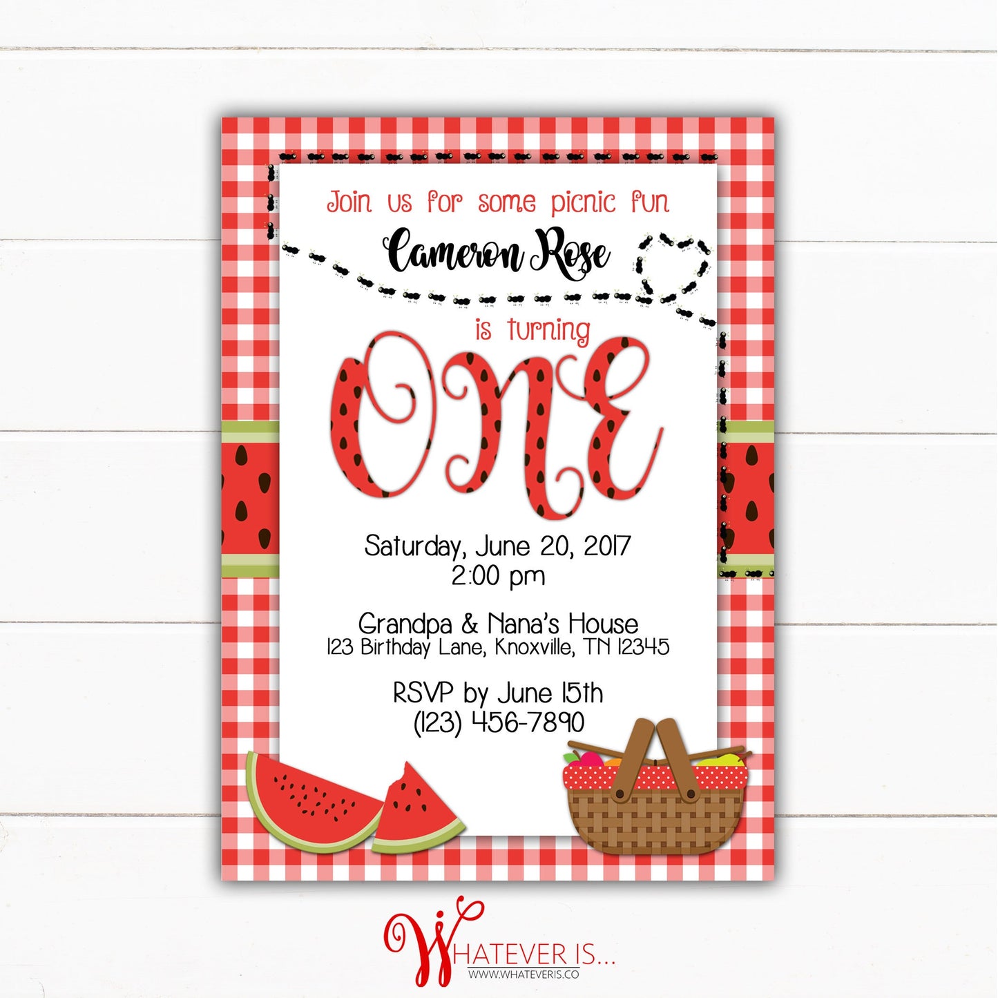 Watermelon Picnic Birthday Printable Invitation | Picnic Birthday Party Invitation | Watermelon Birthday Party Invitation | Ants Birthday