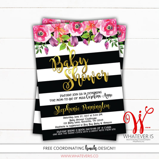 Floral Black and White Baby Shower Invitation | Black and White Baby Shower | Black and White Stripes | Floral Baby Shower | Printed | DIY