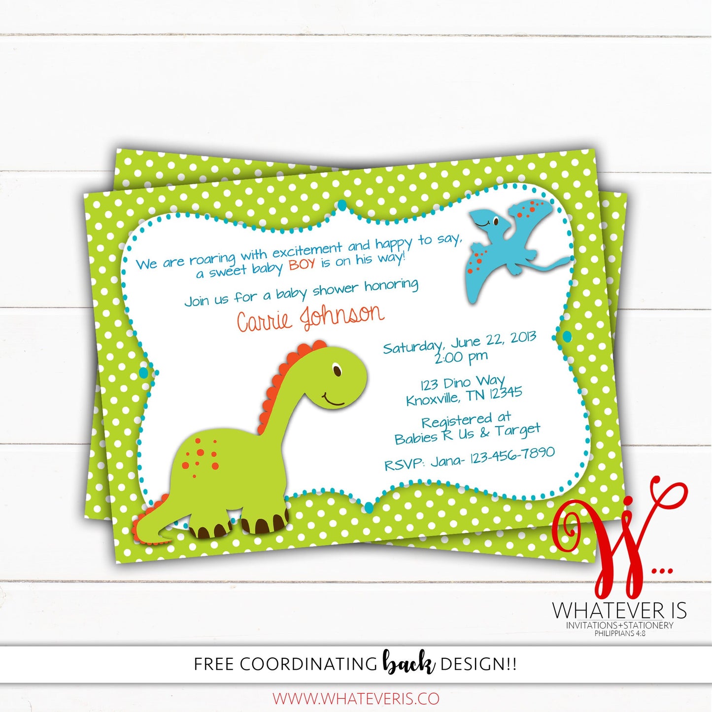 Green Baby Boy Dinosaur Baby Shower Invitation