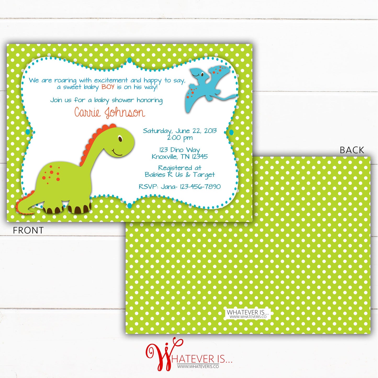 Green Baby Boy Dinosaur Baby Shower Invitation