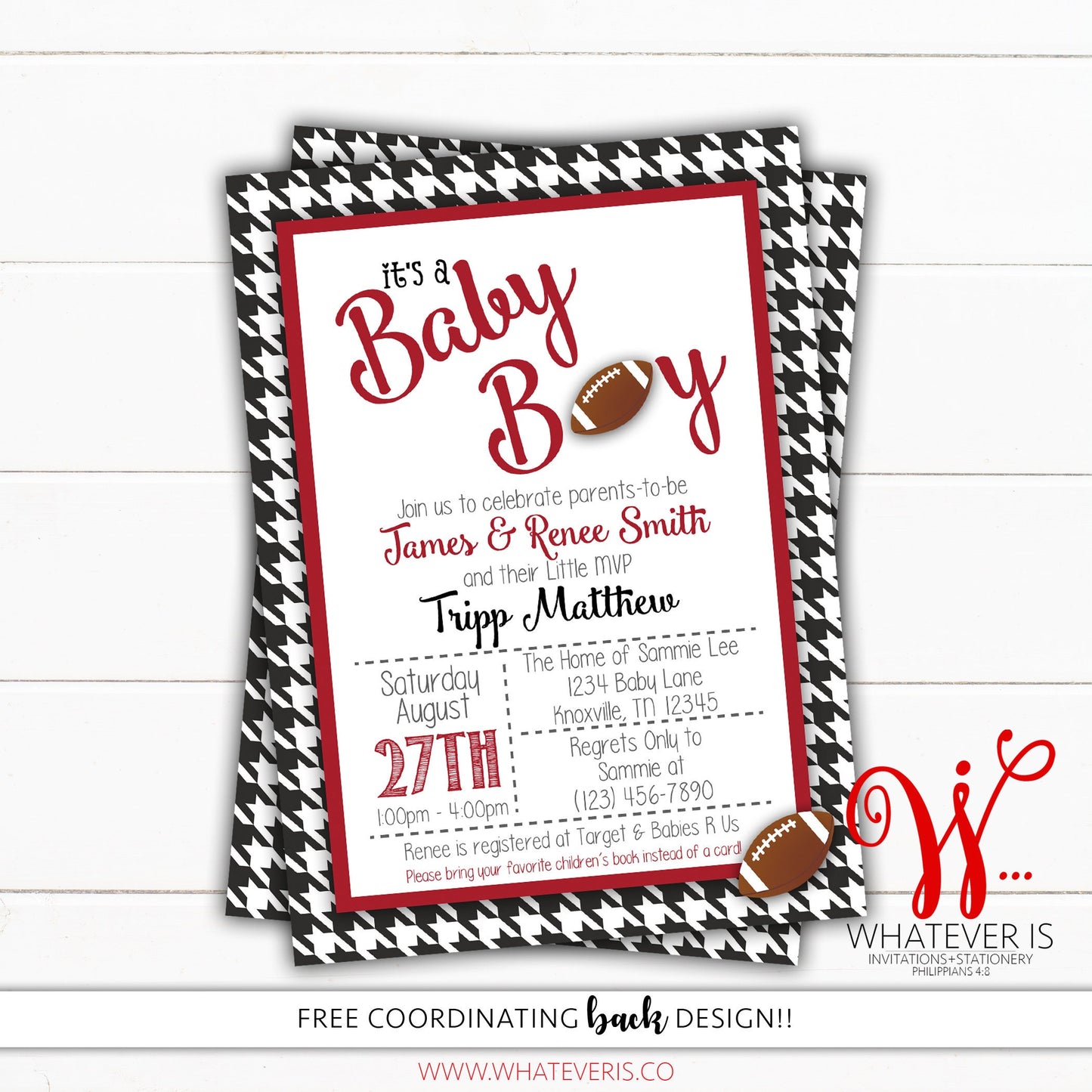 Houndstooth and Crimson Sports Baby Shower Invitation | Football Baby Shower | Alabama Baby | Crimson Baby Shower | Baby Shower Invitations