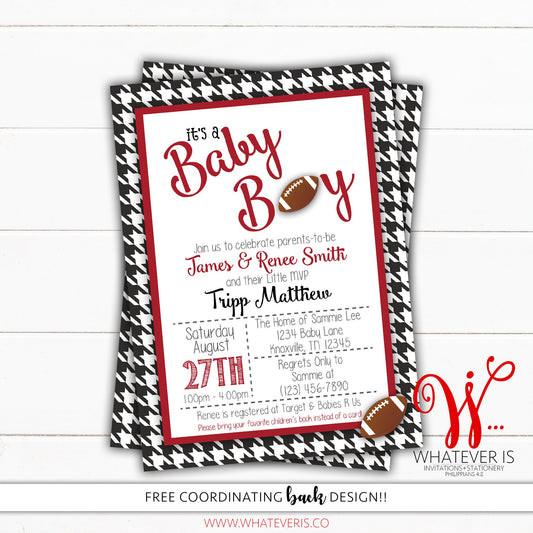 Houndstooth and Crimson Sports Baby Shower Invitation | Football Baby Shower | Alabama Baby | Crimson Baby Shower | Baby Shower Invitations