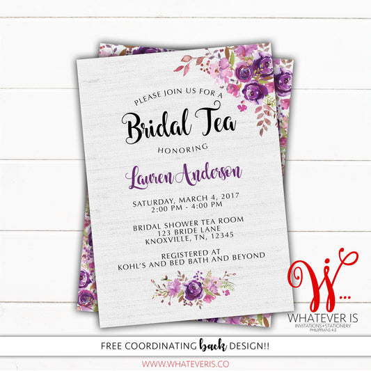 Purple Floral Bridal Tea Shower Invitation | Floral Bridal Shower | Elegant Bridal Shower | Watercolor Floral Bridal Shower | Bridal Tea