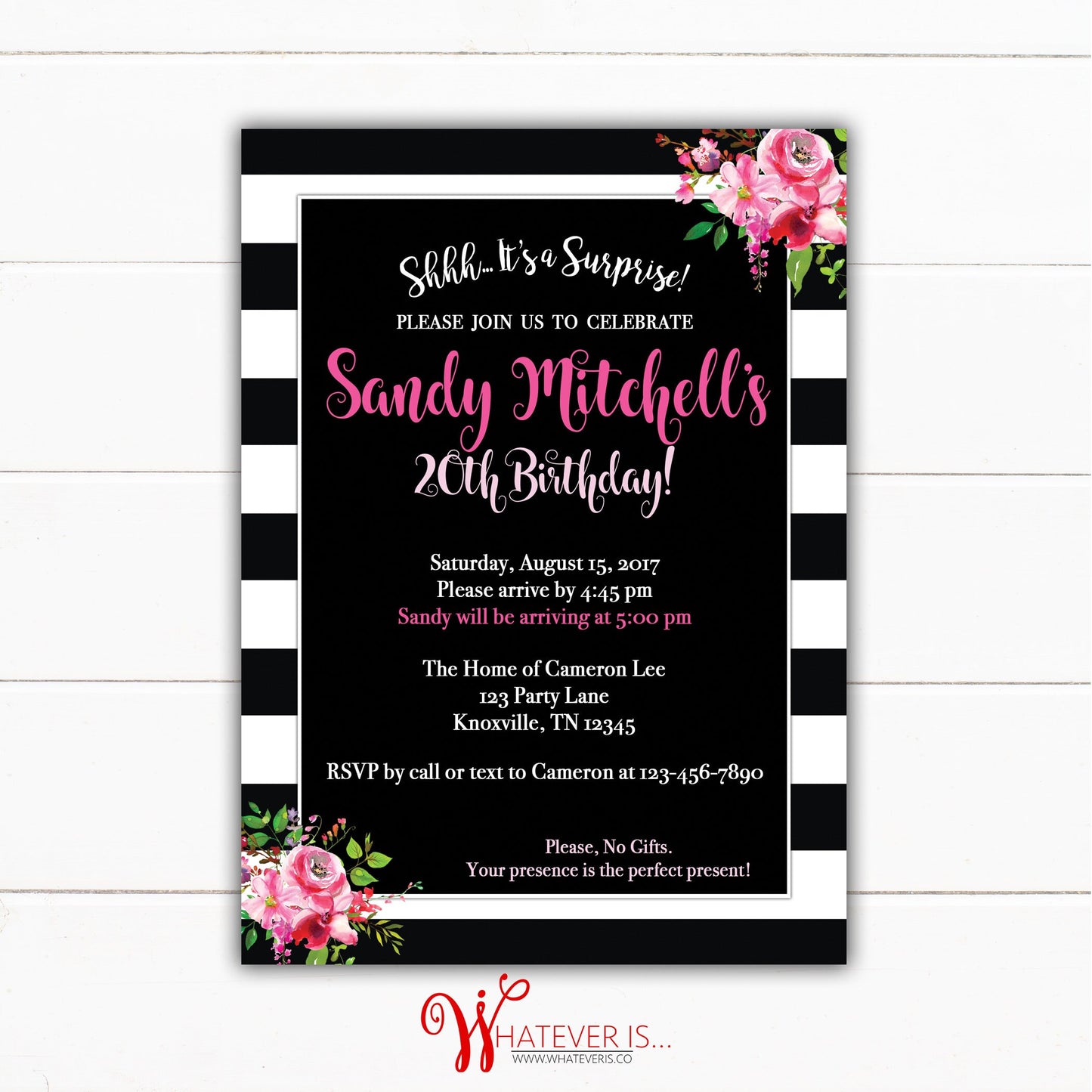 Black White and Pink Birthday Invitation