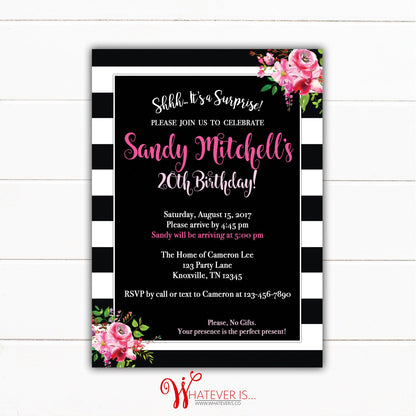 Black White and Pink Birthday Invitation