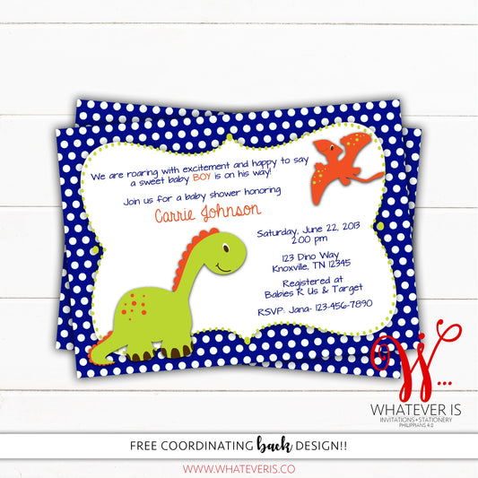 Blue Baby Boy Dinosaur Baby Shower Invitation