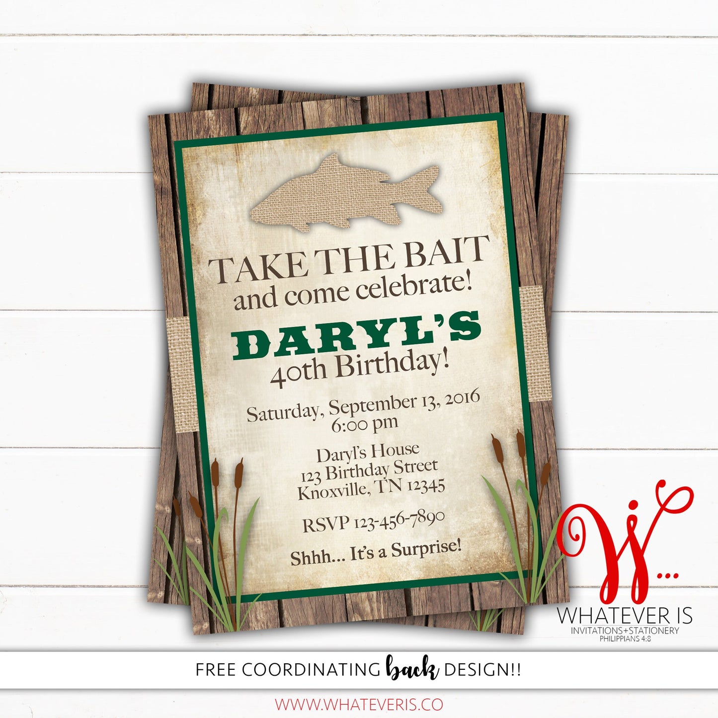 Burlap and Fishing Birthday Invitation