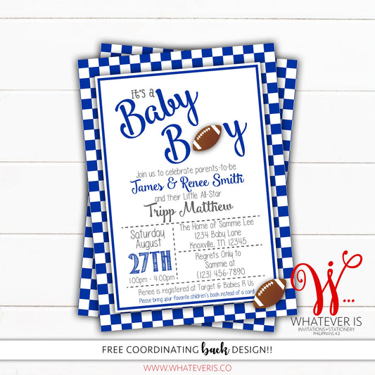 Blue and White Football Baby Shower Invitation