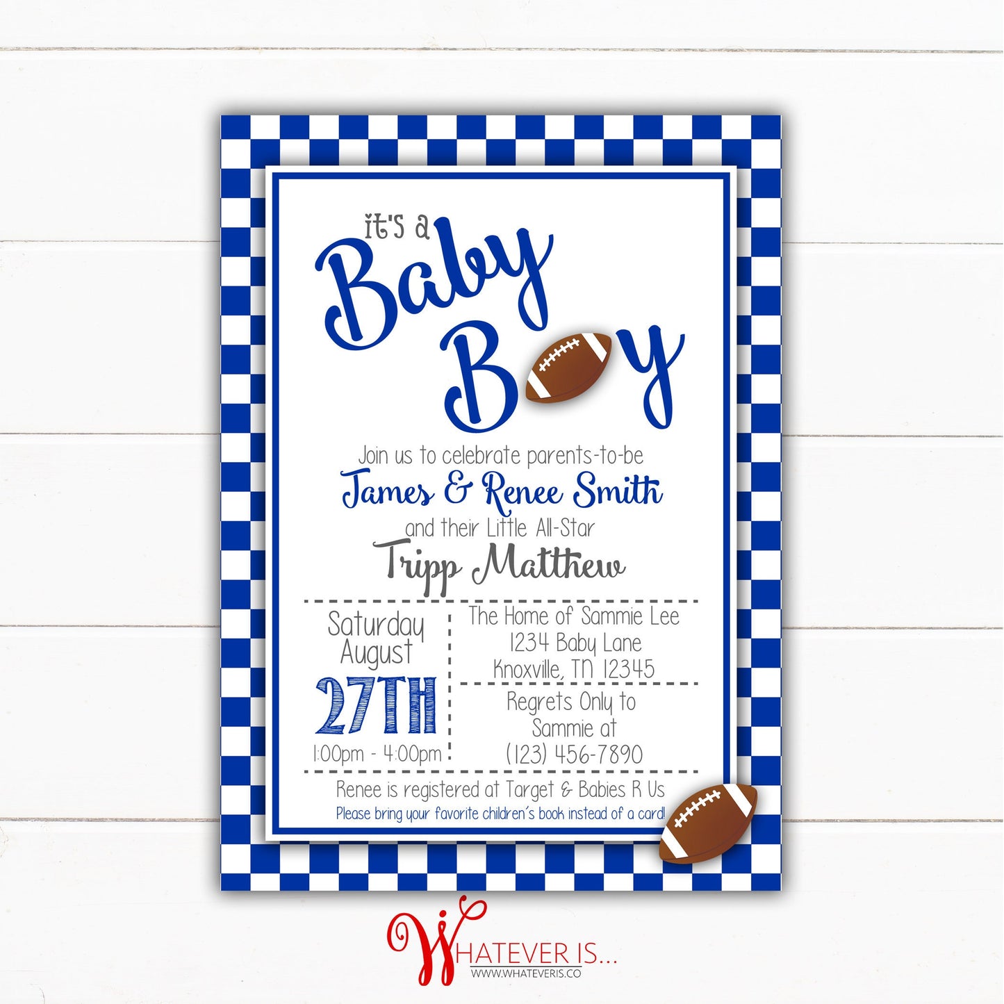 Blue and White Football Baby Shower Invitation
