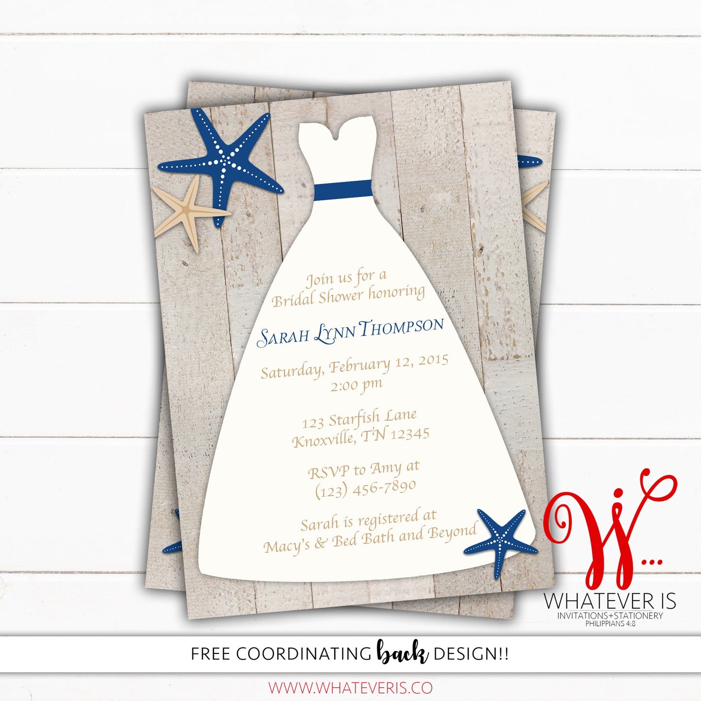 Navy Starfish Wedding Dress Bridal Shower Invitation | Navy Beach Bridal Shower | Nautical Bridal Shower | Starfish Themed Wedding | Printed