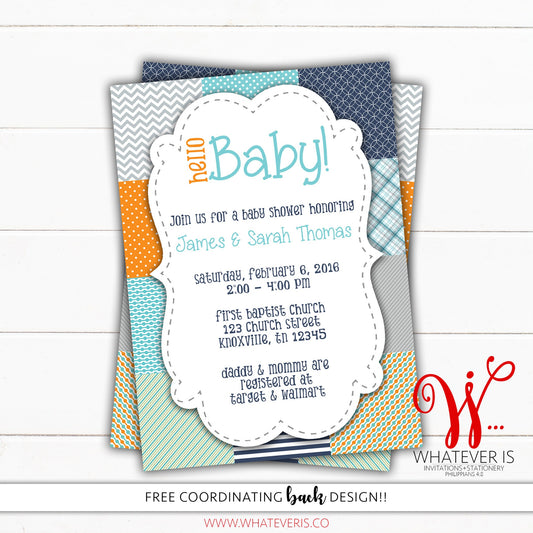 Hello Baby Quilt Baby Shower Invitation | Boy Baby Shower Invitation | It's A Boy | Printable Baby Shower | Navy | Orange | Turquoise | DIY