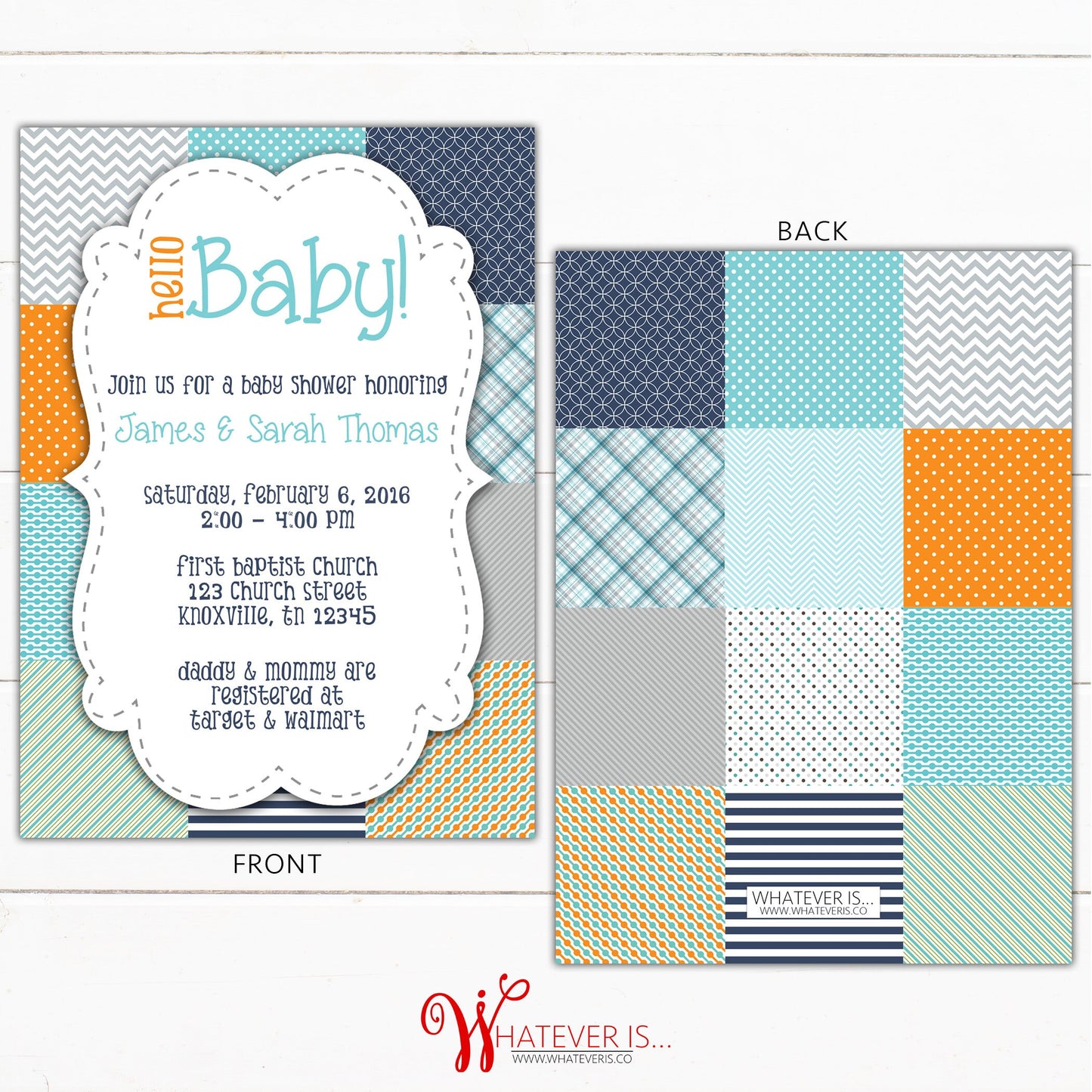 Hello Baby Quilt Baby Shower Invitation | Boy Baby Shower Invitation | It's A Boy | Printable Baby Shower | Navy | Orange | Turquoise | DIY