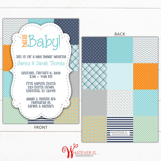Hello Baby Quilt Baby Shower Invitation | Boy Baby Shower Invitation | It's A Boy | Printable Baby Shower | Navy | Orange | Turquoise | DIY