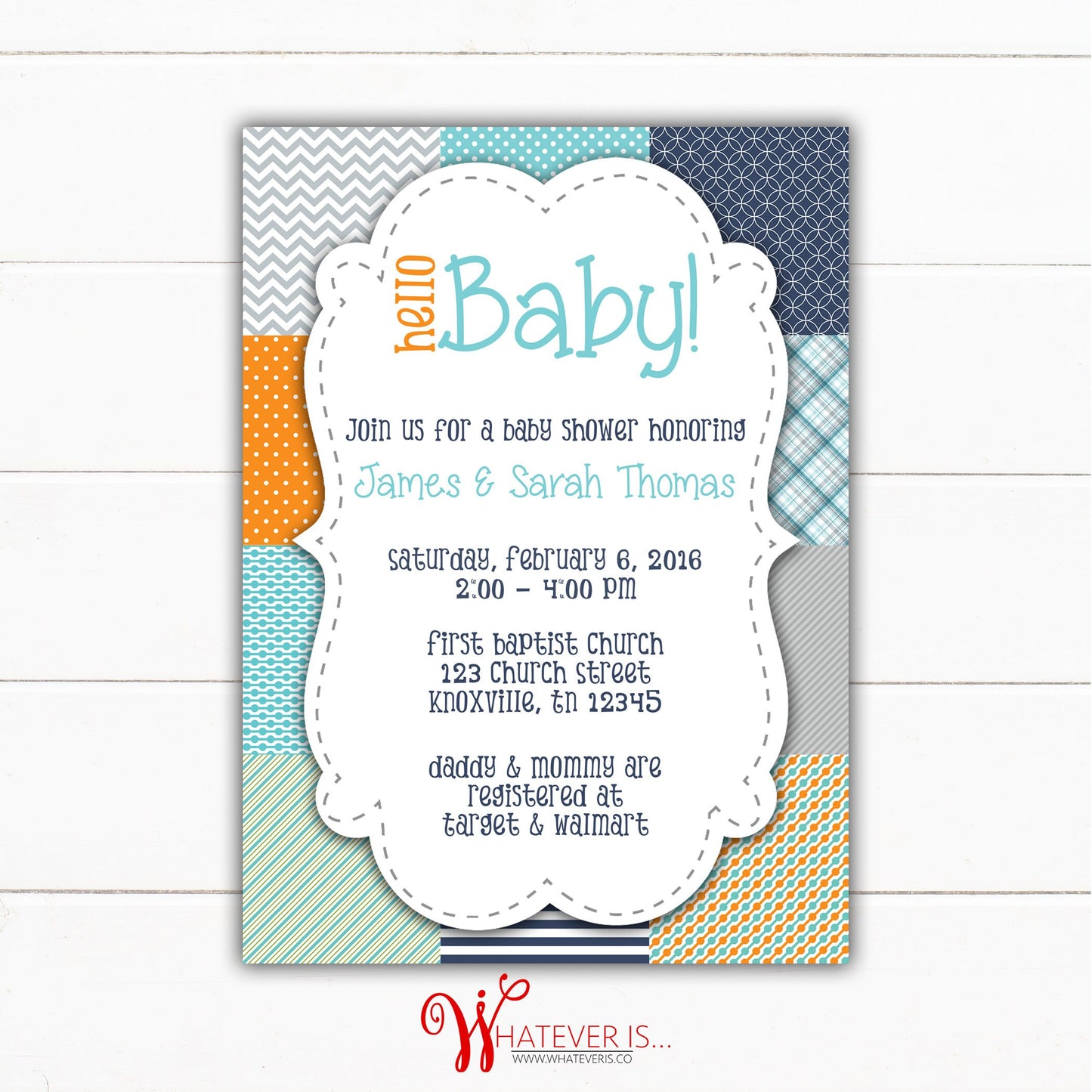 Hello Baby Quilt Baby Shower Invitation | Boy Baby Shower Invitation | It's A Boy | Printable Baby Shower | Navy | Orange | Turquoise | DIY