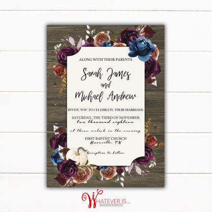 Rustic Fall Floral Wedding Invitation | Rustic Wood Wedding Invitation | Fall Pumpkin Printable Invitation | Personalized Wedding Invitation
