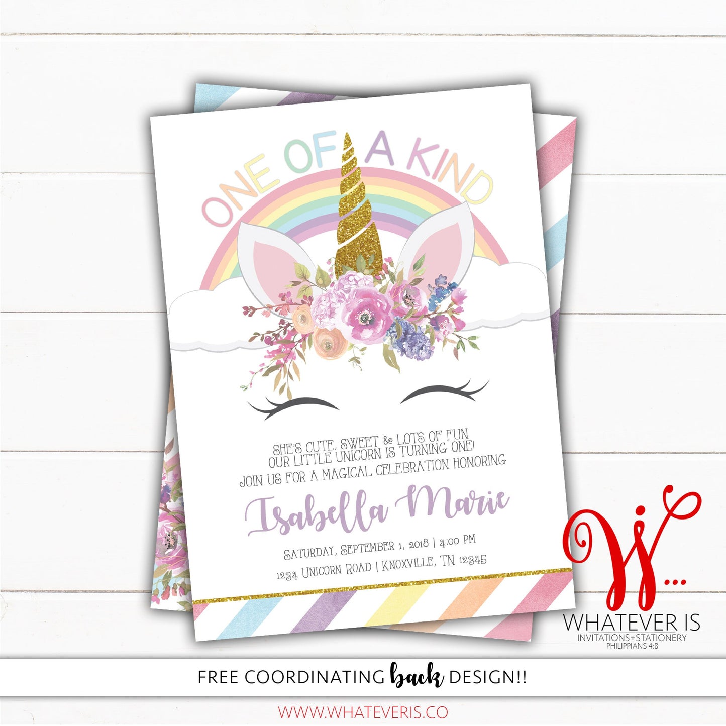 One of a Kind Unicorn 1st Birthday Invitation | Unicorn Birthday Invitation | First Birthday | Pastel Rainbow | Pastel Florals | Pastel Gold