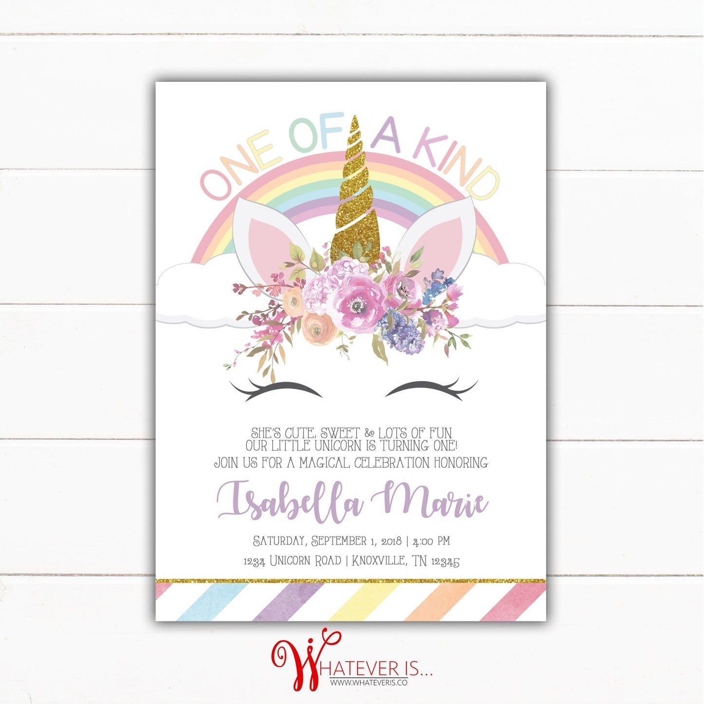 One of a Kind Unicorn 1st Birthday Invitation | Unicorn Birthday Invitation | First Birthday | Pastel Rainbow | Pastel Florals | Pastel Gold