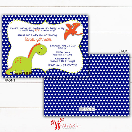 Blue Baby Boy Dinosaur Baby Shower Invitation