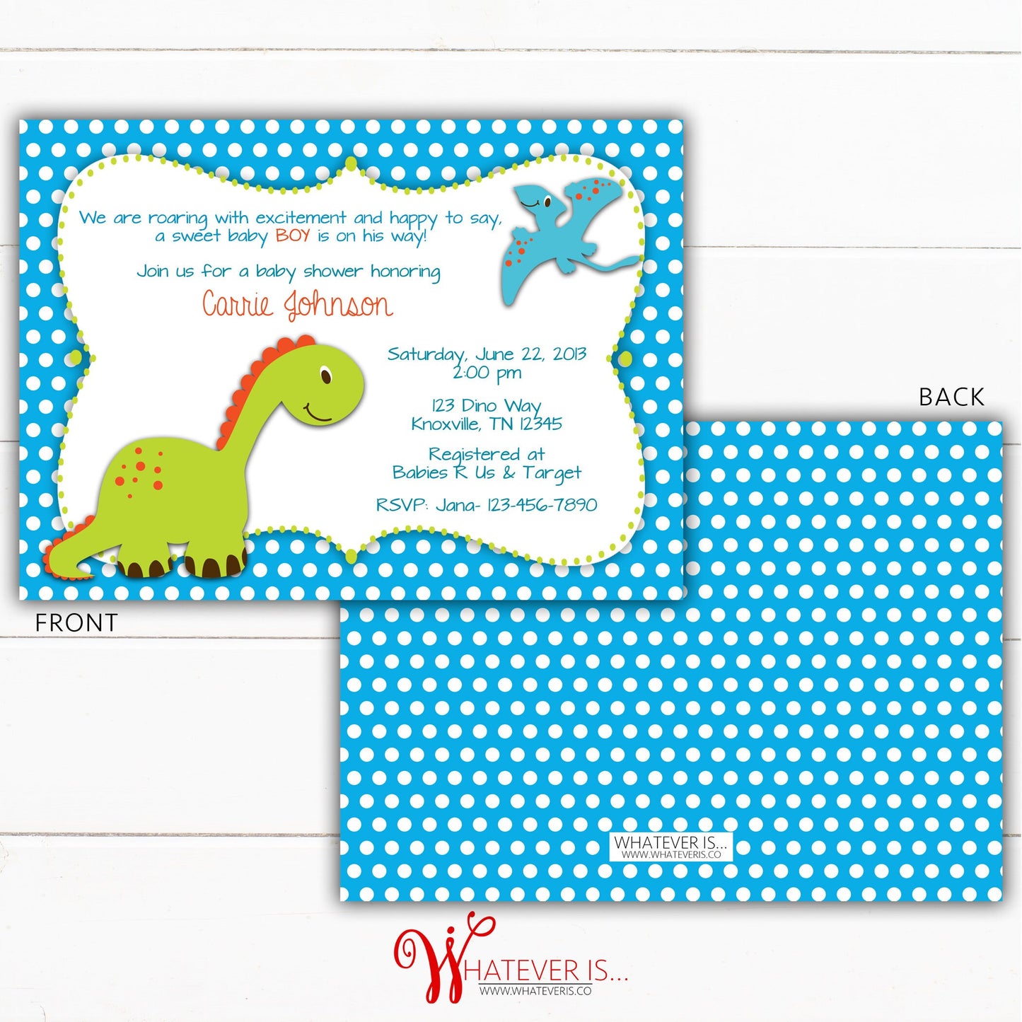 Blue Dinosaur Baby Shower Invitation