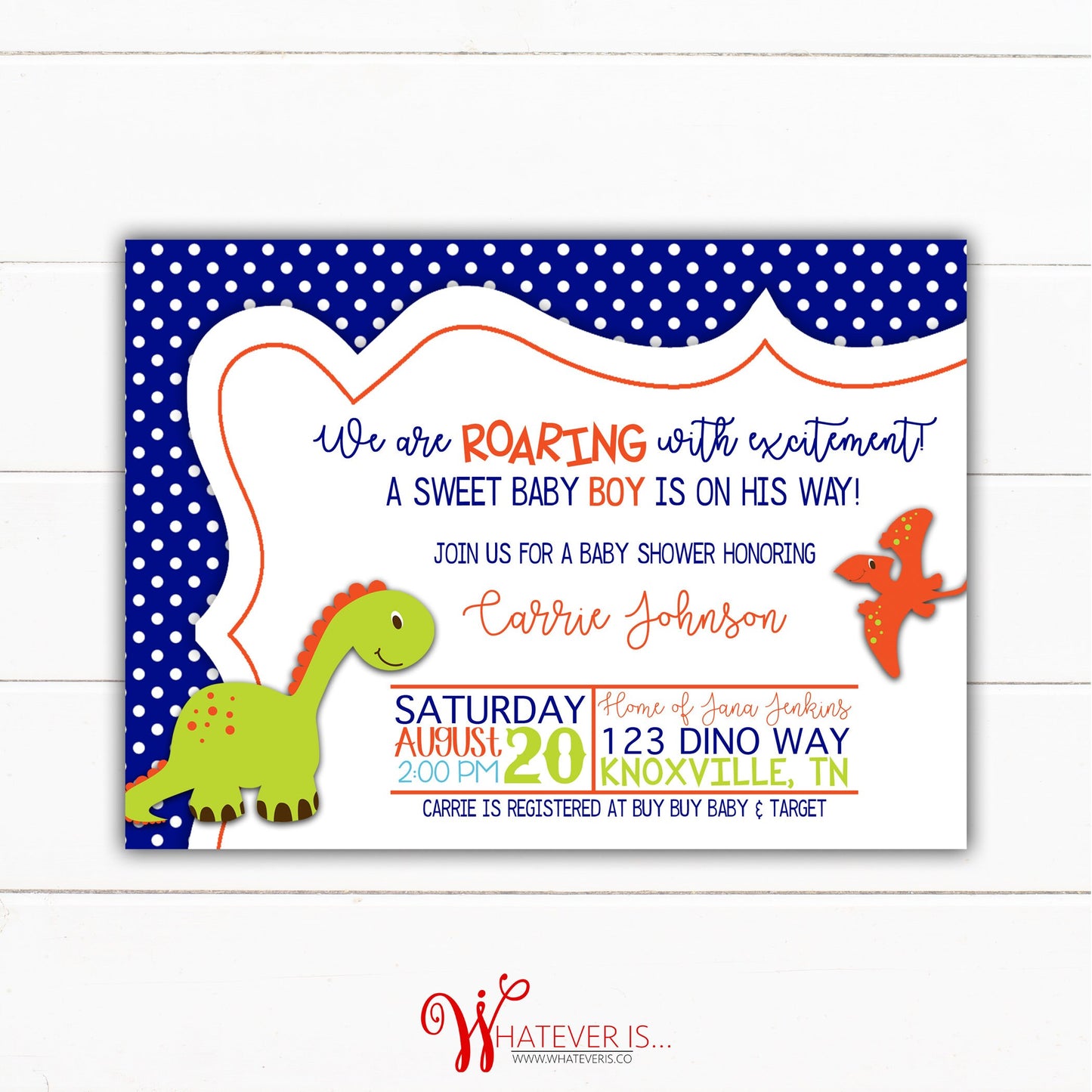 Navy Baby Boy Dinosaur Baby Shower Invitation
