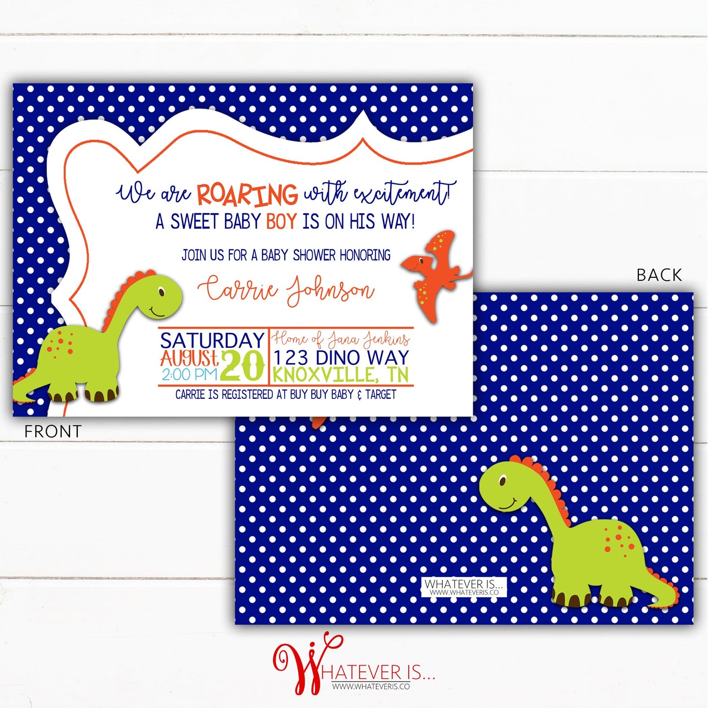 Navy Baby Boy Dinosaur Baby Shower Invitation