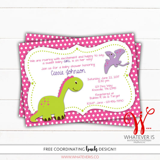 Pink Baby Girl Dinosaur Baby Shower Invitation