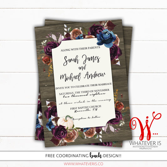 Rustic Fall Floral Wedding Invitation | Rustic Wood Wedding Invitation | Fall Pumpkin Printable Invitation | Personalized Wedding Invitation