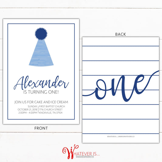 Simple Blue and White 1st Birthday Invitation | Birthday Hat Invitation | First Birthday | Blue Birthday Hat | Simple Blue | Simple Birthday