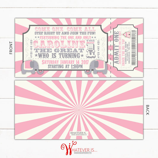 The One and Only Elephant Carnival Ticket Birthday Invitation | Girl Carnival Birthday | Circus Birthday | Elephant Birthday | Carnival