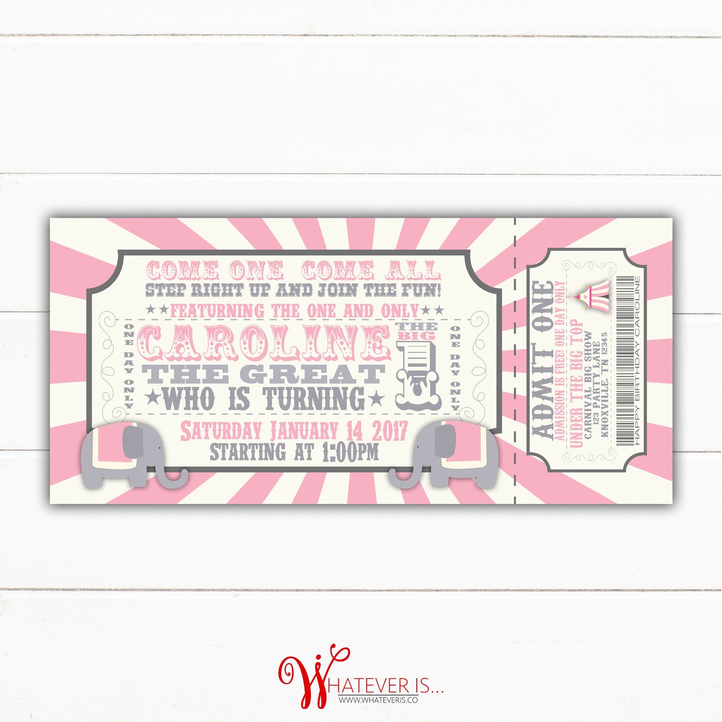 The One and Only Elephant Carnival Ticket Birthday Invitation | Girl Carnival Birthday | Circus Birthday | Elephant Birthday | Carnival