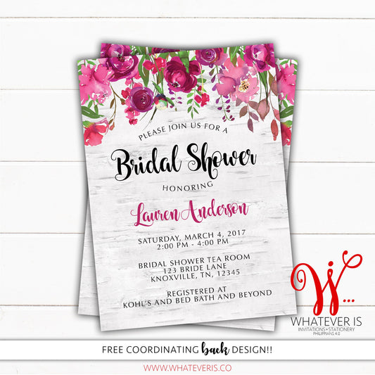 Pink Floral Birch Tree Bridal Shower Invitation | Plum Floral Bridal Shower | Floral Bridal Shower Invitation | Birch Tree | Rustic Floral