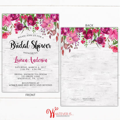 Pink Floral Birch Tree Bridal Shower Invitation | Plum Floral Bridal Shower | Floral Bridal Shower Invitation | Birch Tree | Rustic Floral