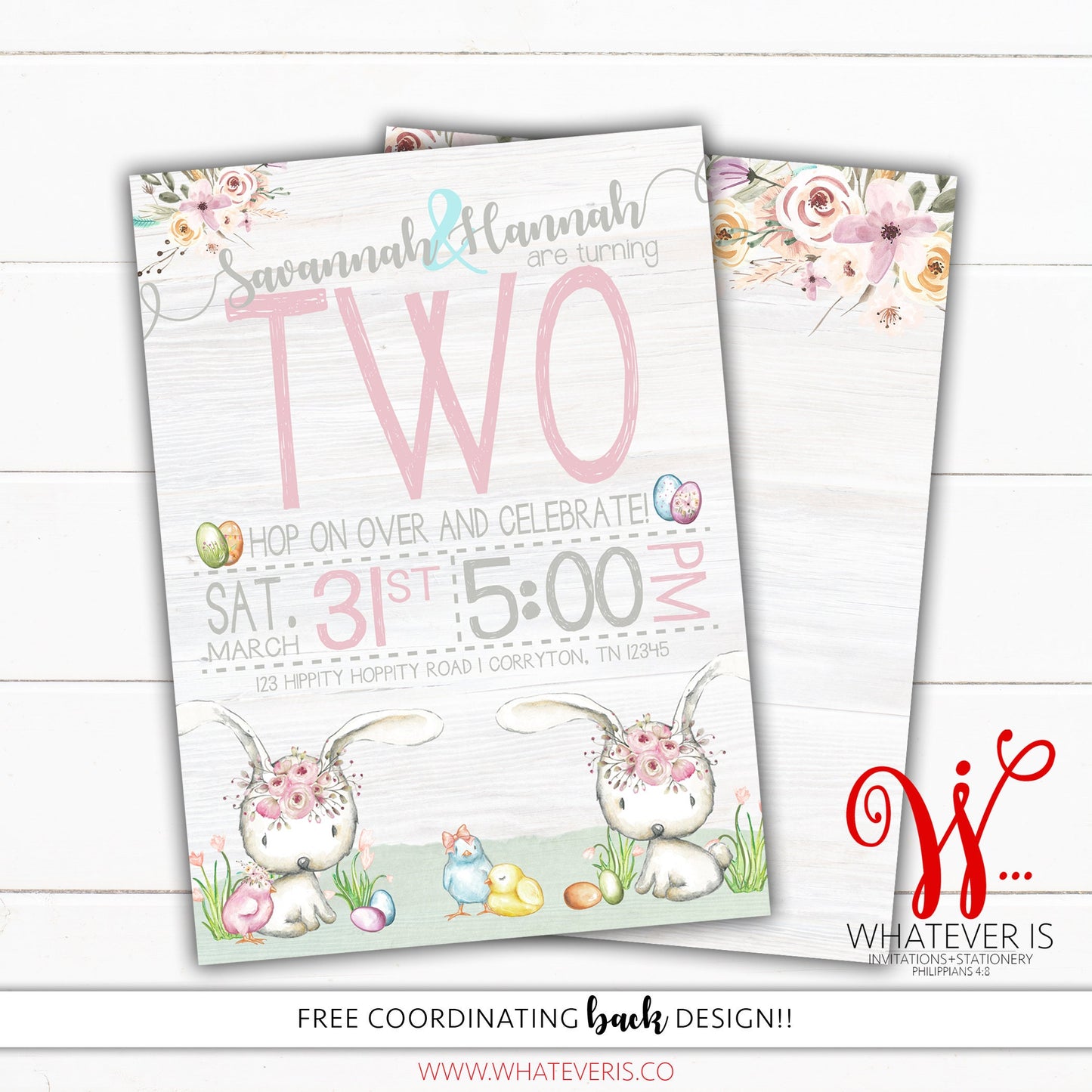 Easter Birthday Printable Invitation | Bunny Birthday Invitation | Easter Bunny Birthday Invitation | Twin Birthday | Girl Birthday | DIY