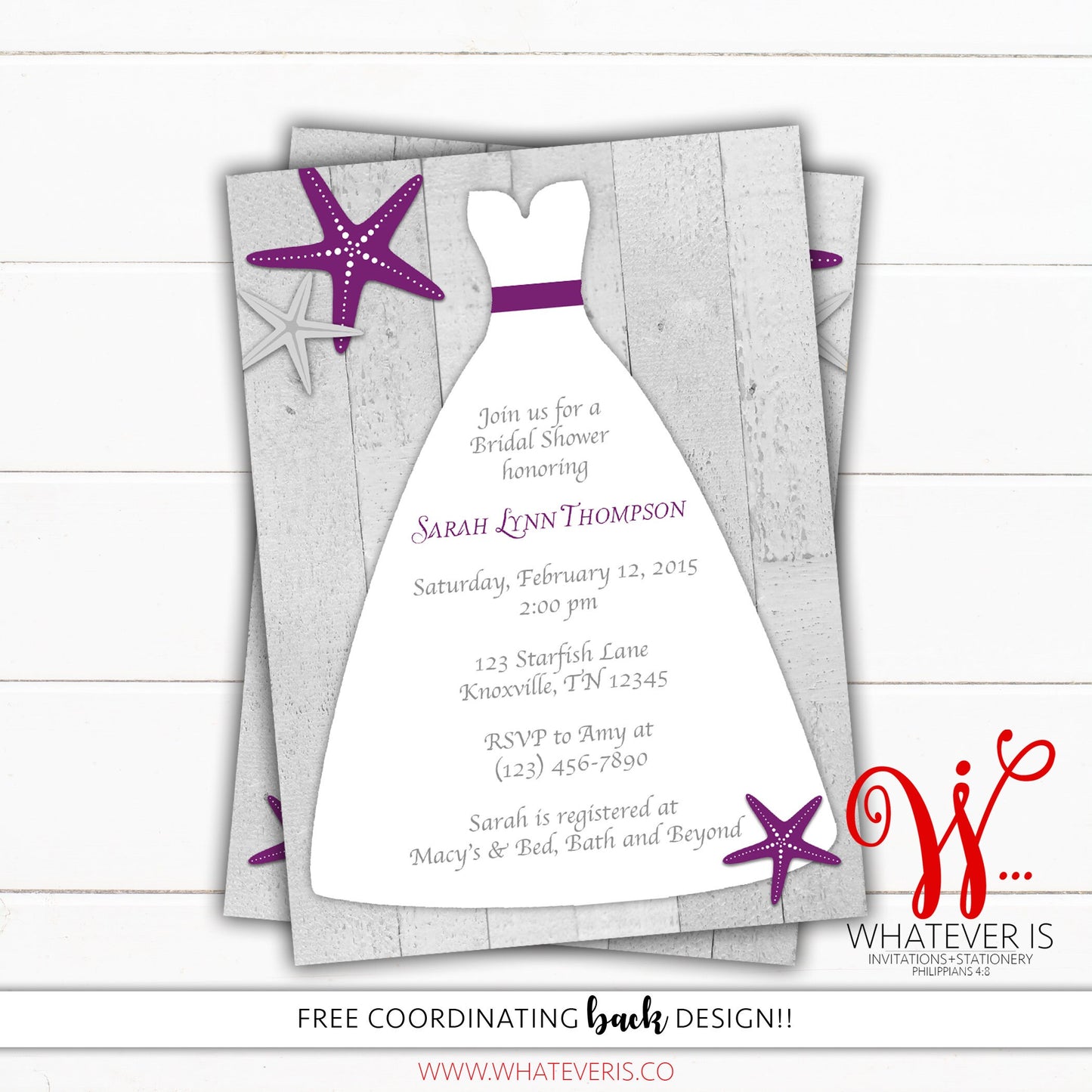 Plum Starfish Wedding Dress Bridal Shower Invitation | Beach Bridal Shower | Nautical Bridal Shower | Starfish Wedding Shower | WI001